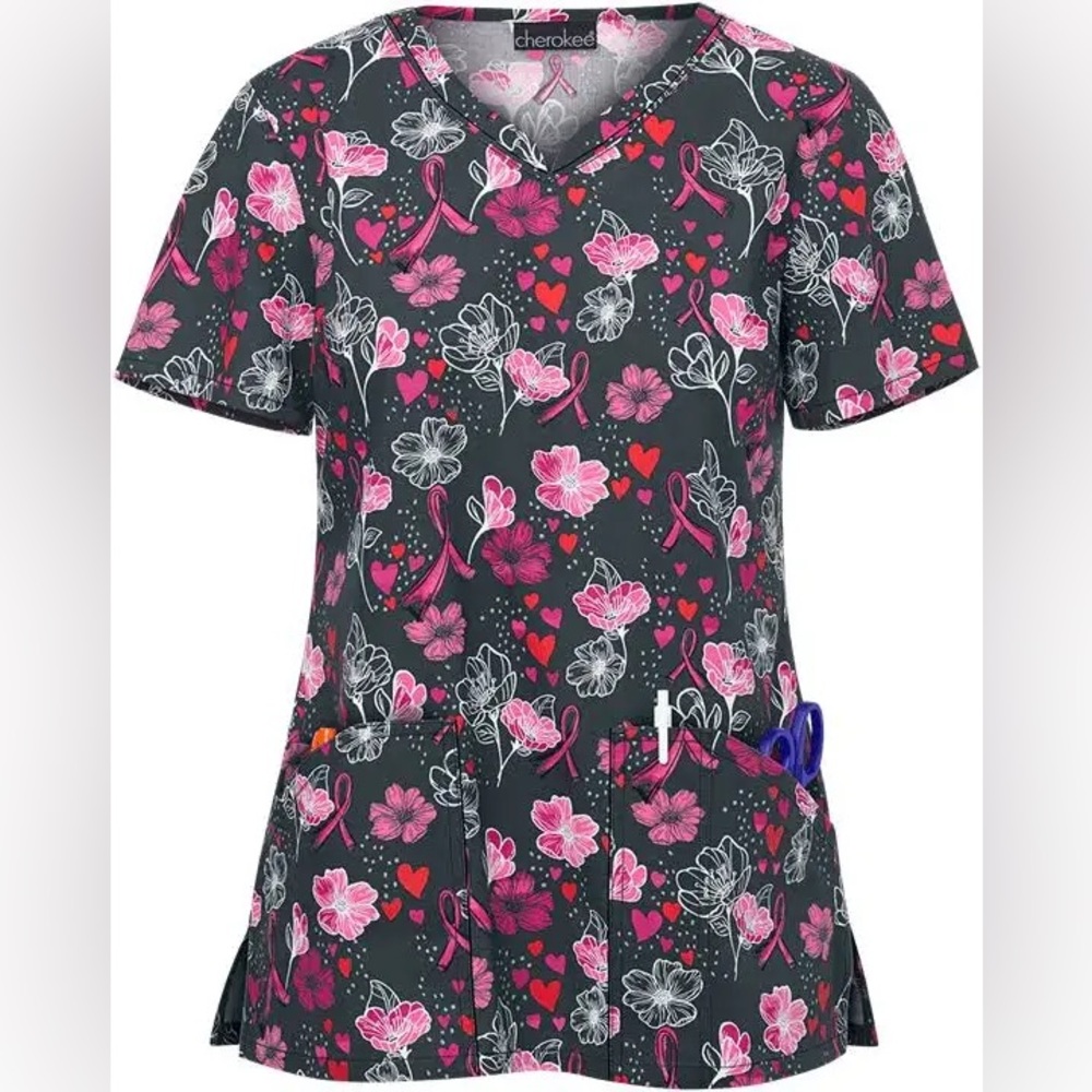 Cherokee Pink and Black Floral Ribbon Scrub Top